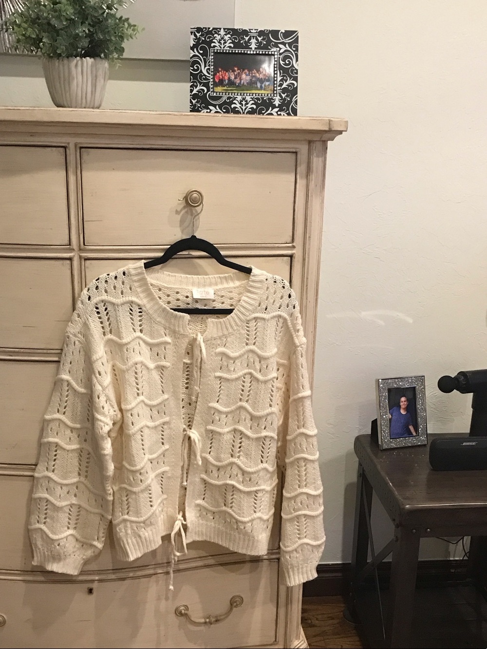 Fate Cream Open-Knit Tie-Front Cardigan
